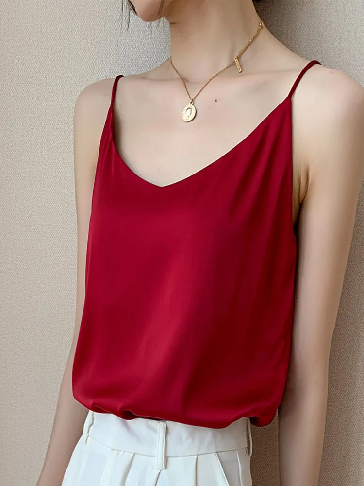 Women Satin V Neck Cami Top Thin Spaghetti Strap Tank Top Elegant Glossy Silk Camisole Inner Wear Blouse