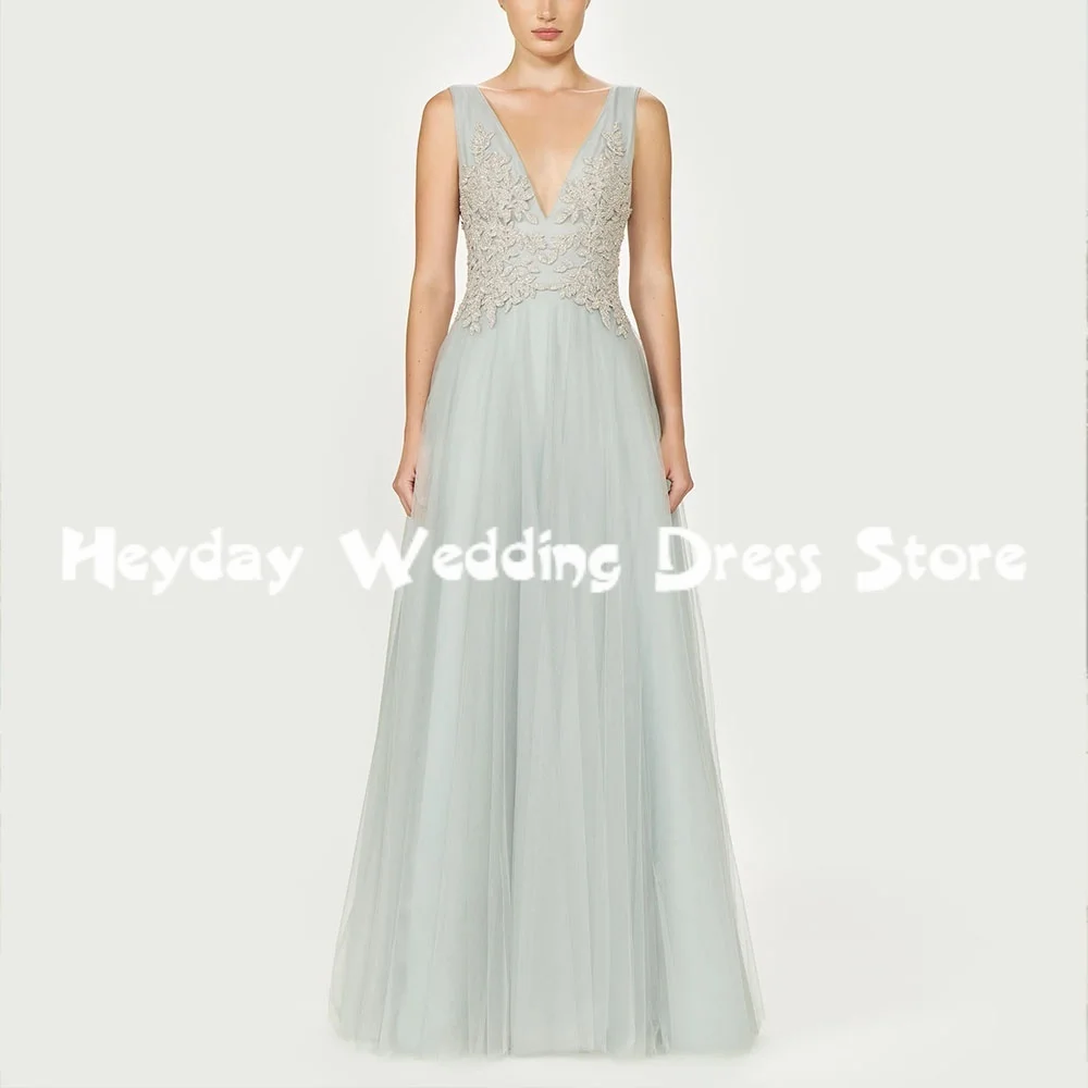 

Heyday Women's Tulle A Line V-neck Sparkly Applique Evening Dresses With Sleeveless Floor-Length Formal Elegant Dresses 2025