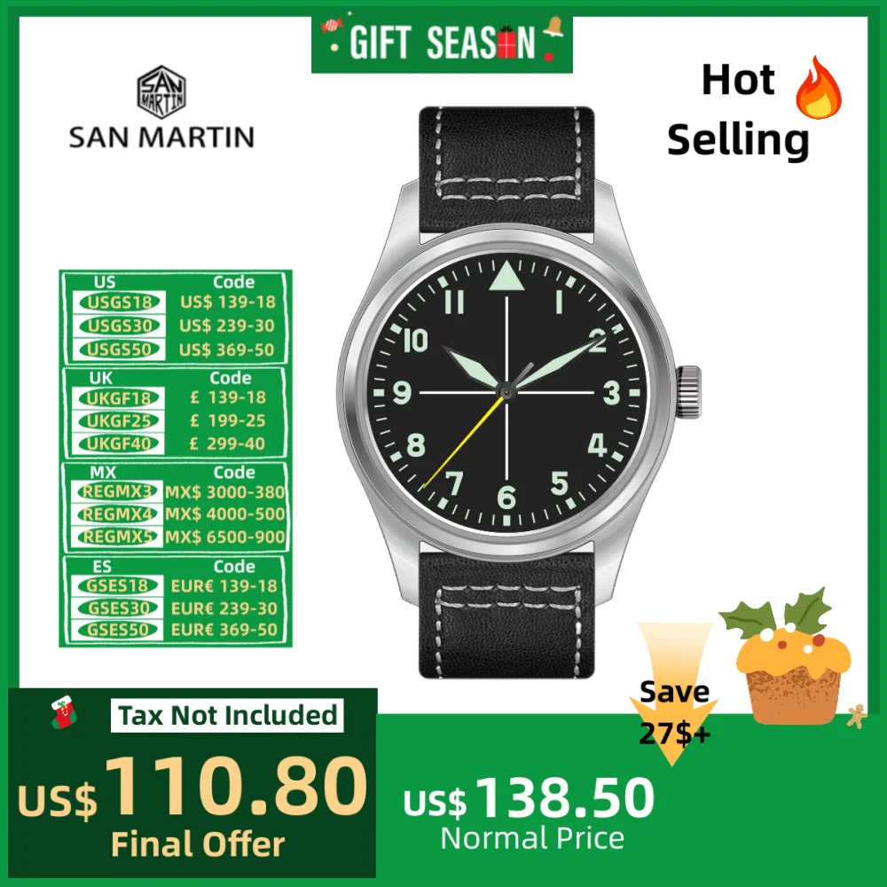 San martin 39mm retro piloto relógio nh35 relógios mecânicos automáticos masculinos mergulho 20bar relógio de pulso luminoso safira SN0030G-2