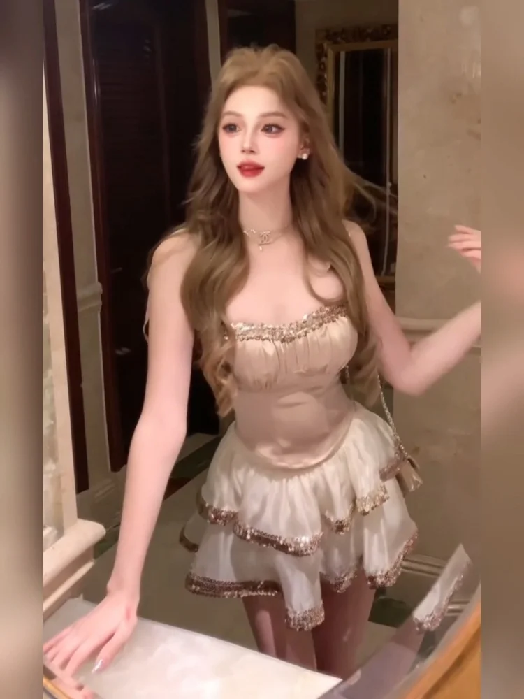 

XZY Sweet Sle iny с блестками, комплект из двух предметов для подружки невесты для женщин больших размеров, летняя повседневная пышная юбка с высокой талией, топ на бретелях