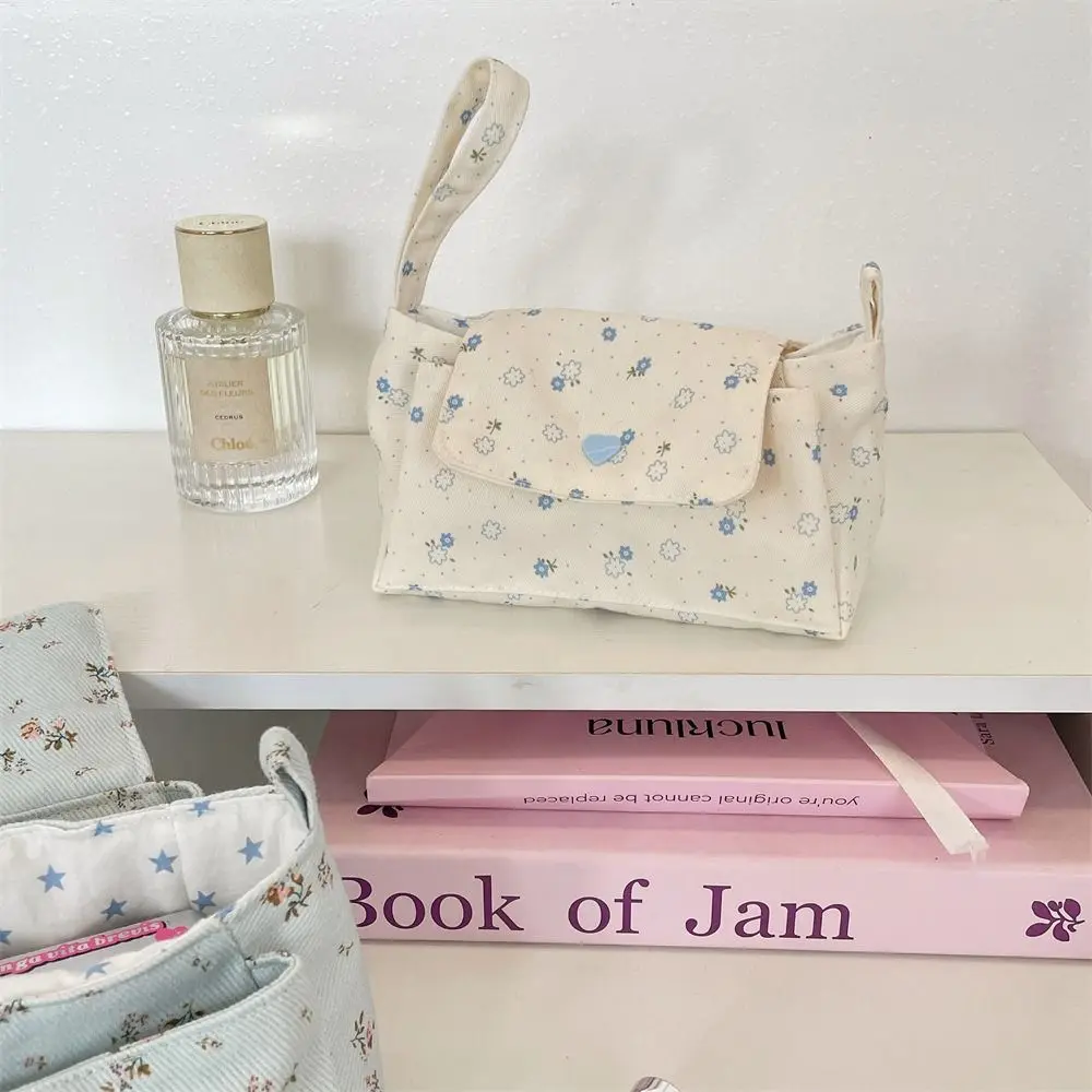 Print Floral Makeup Bag Flower Snap Button Cosmetic Pouch Fabric Handle Double Pockets Layered Storage Bag School Students