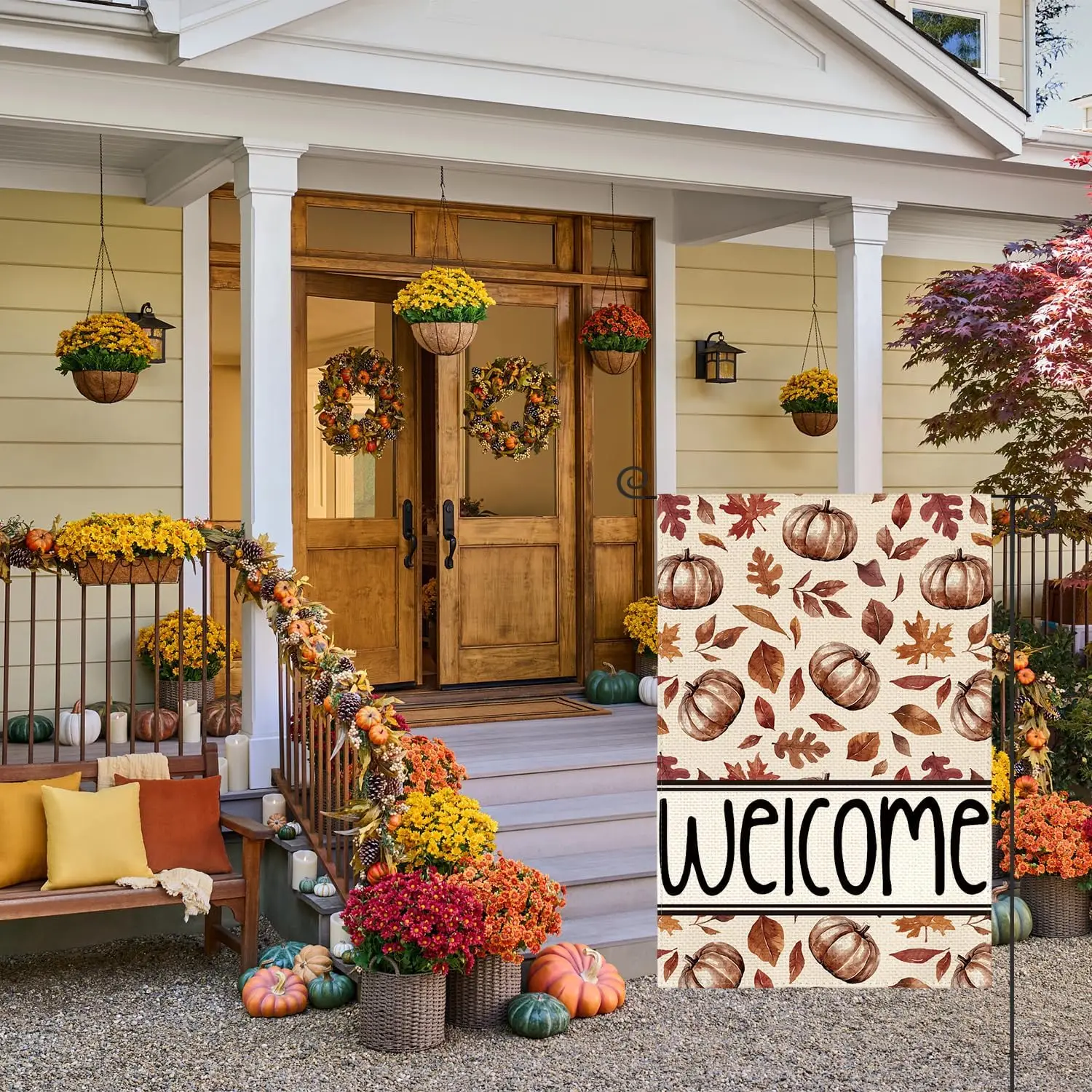 AVOIN colorlife Fall Pumpkin Garden Flag 12x18 Inch Double Sided Outside, Welcome Autumn Maple Leaves Seasonal Yard Outdoor  UUN