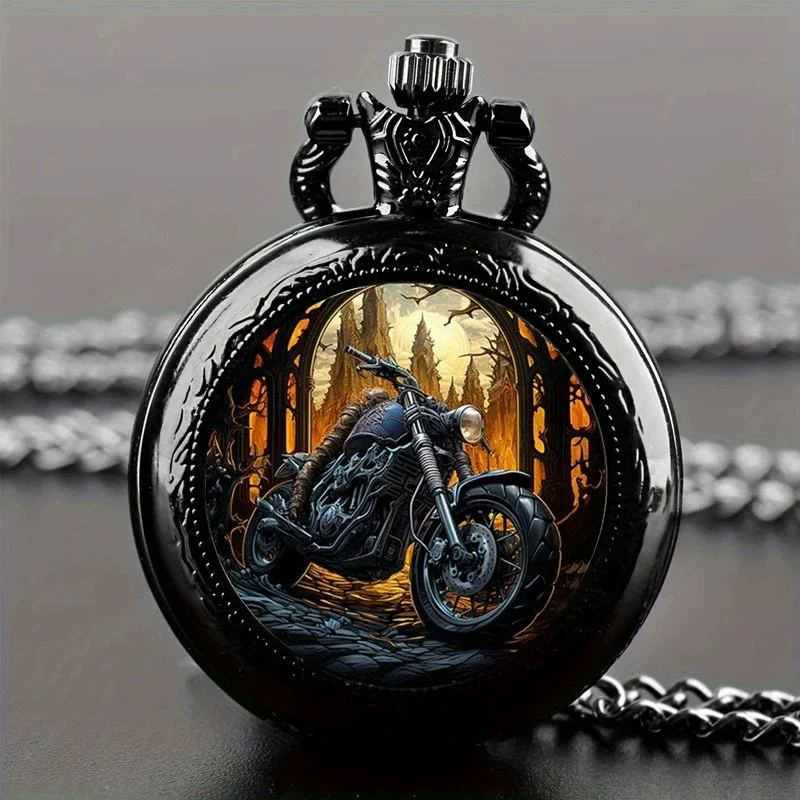 Vintage black motorcycle quartz pocket watch, necklace pendant with world time function