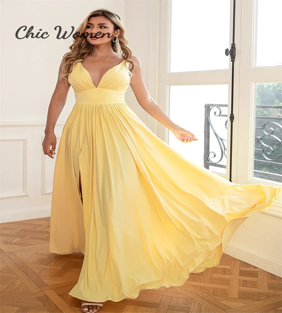 

Boho Yellow Evening Dress 2023 V Neck Sexy High Slit Maxi Prom Dress Spaghetti Straps Holiday Formal Occasion Party Dress Chic