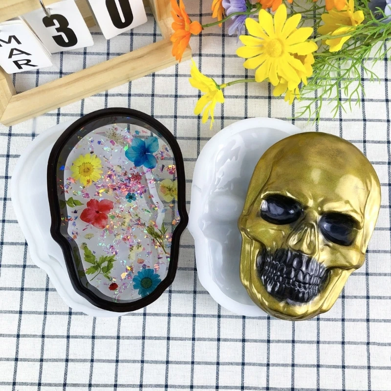 Silicone Mould for Skull Head Keepsakes Box with Lid Epoxy Jewelry Holder Mould