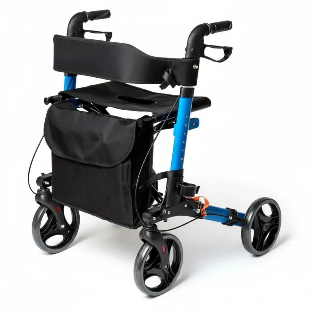 Rollator Walker, Aluminum Alloy Folding Walking Aid, 120kg Capacity, Disc Brake Medical Walker for Elderly, 66x57x80-93cm