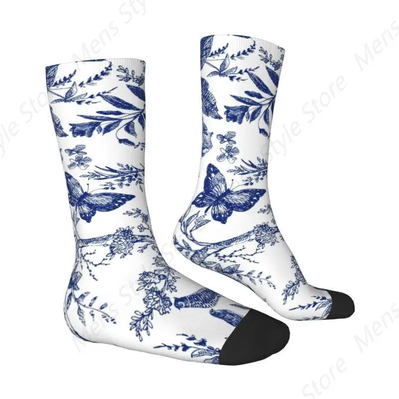 French Toile De Jouy Indigo Pattern Dress Socks Men's Women's Warm Fashion Novelty Vintage Floral And Animal Forest Crew Socks