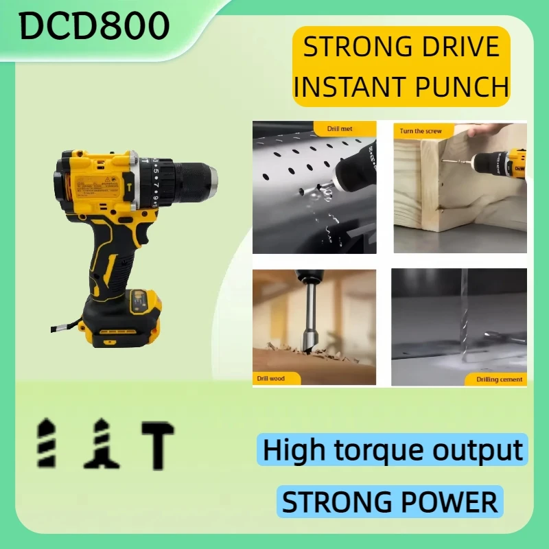 DCD800 20V 무선 드릴 1/2인치 브러시리스 임팩트 드라이버 리튬 전동 공구 2000RPM 임팩트 드릴