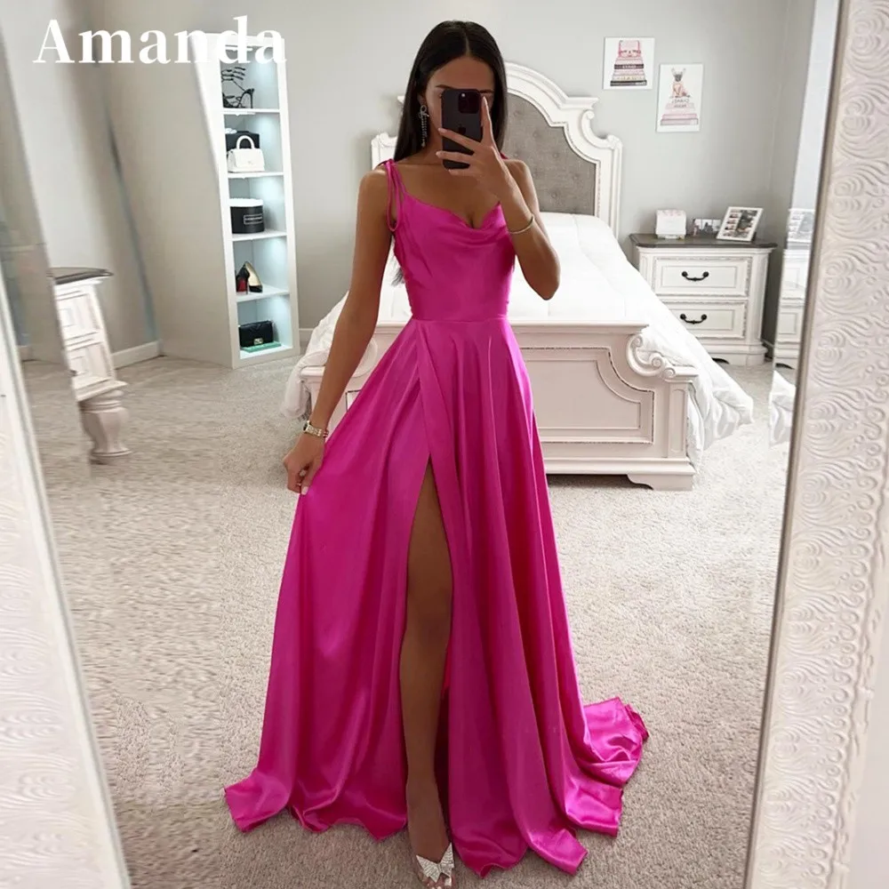 

Amanda Simple Satin Prom Dress 2023 Sexy Side Split Silk Vestidos De Noche Spaghetti Straps فساتين مناسبة رسمية