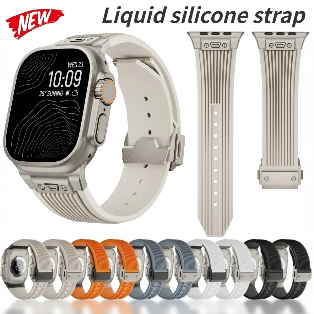 Liquid Silicone Strap for Apple Watch Band 49mm 45mm 44mm 42mm Metal Buckle Bracelet iWatch Series Ultra 9 8 7 6 5 4 3 SE Strap