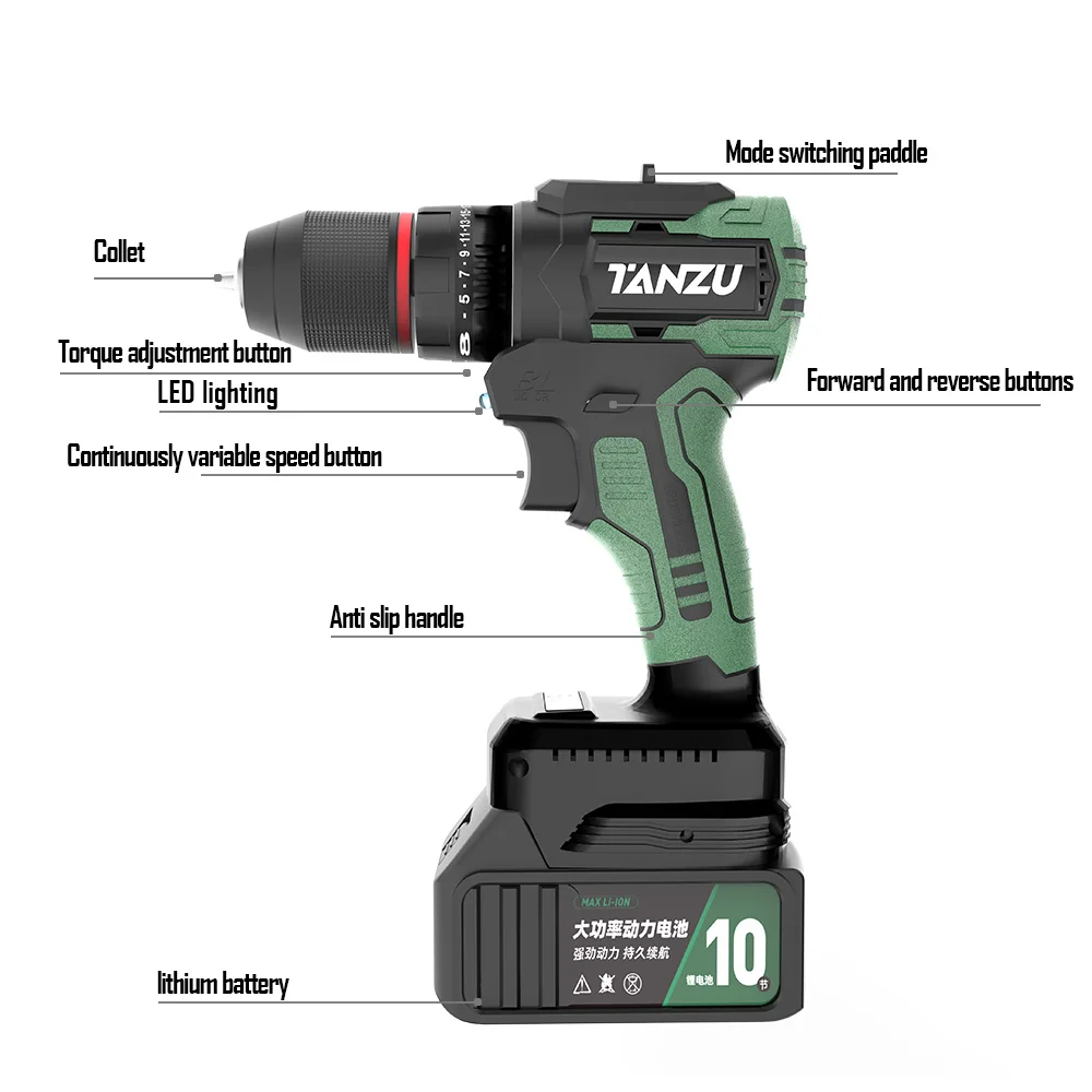 21V Brushless Motor Cordless Electric Drill Screwdriver 80NM Impact Hammer Battery 3 Function Screw/ Concrete/ Steel Plate Tanzu