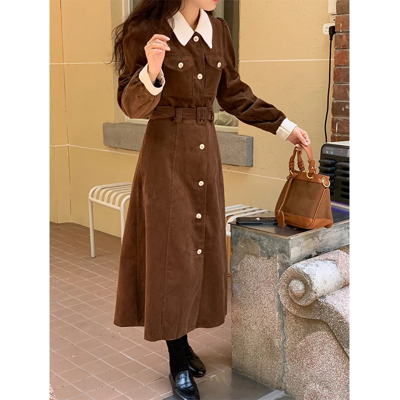 MEXZT Vintage Belt Midi Dress Women Corduroy A Line Dresses Winter Korean Elegant Patchwork Single-Breasted Slim Casual Vestidos