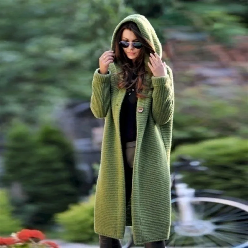 Autumn and Winter New Cardigan Long-sleeved Wool Solid Colour Knitted Long Top Jacket Woman