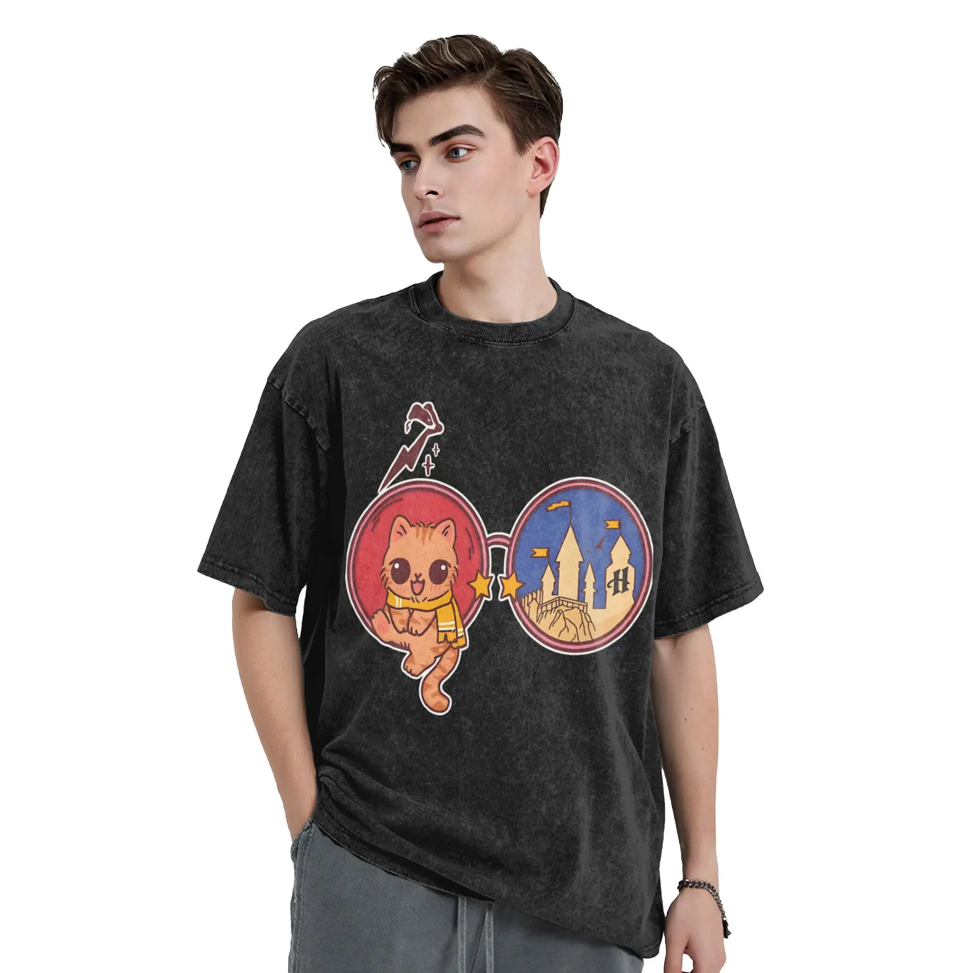 Camisetas Lavadas con Diseño de Gato Mágico con Gafas, Camisetas del Mundo Mágico de Harry Potter, Camisetas de Manga Corta para Hombre y Mujer