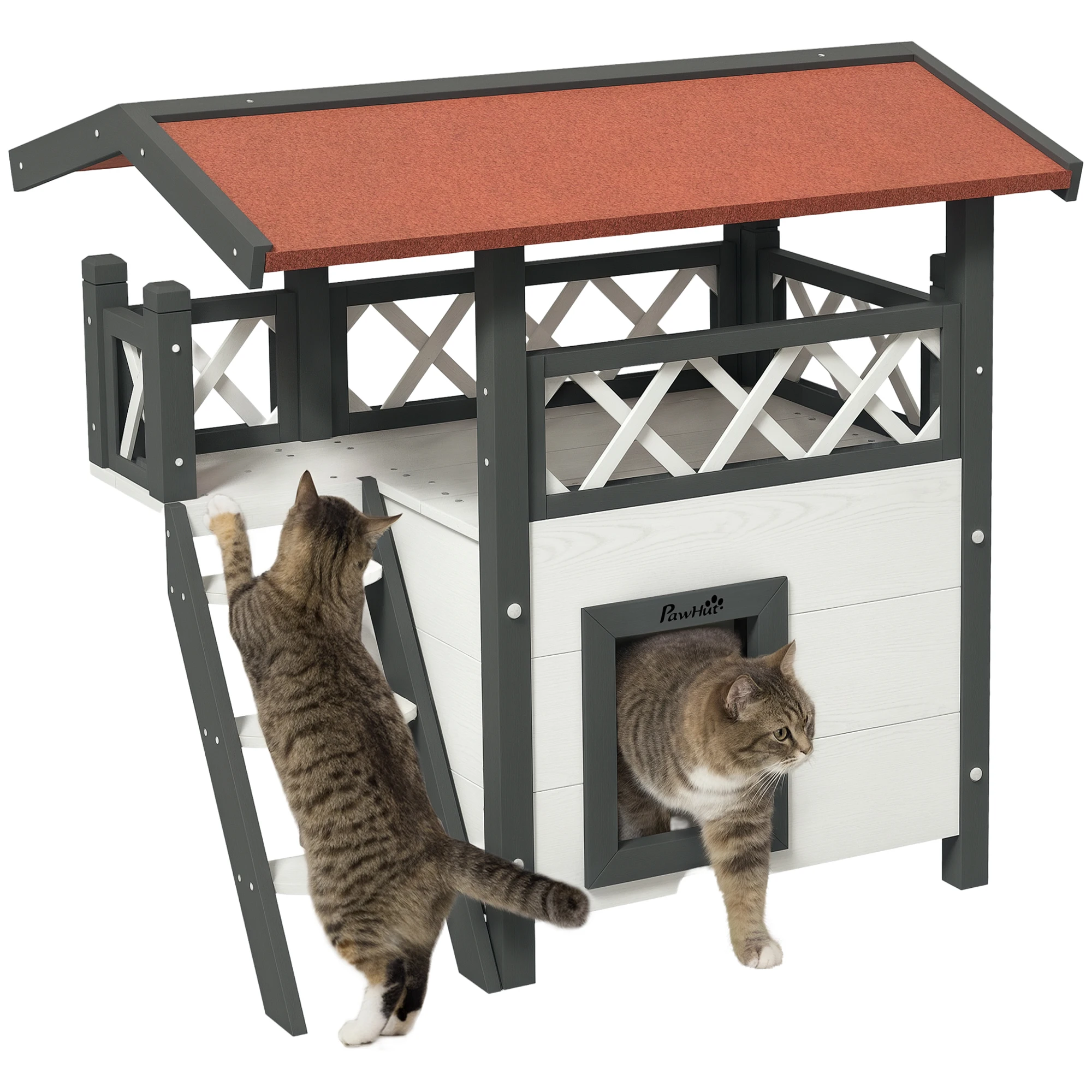 PawHut Home lodge voor wilde katten - huisvilla met terras, trap, dak voor kat - 77x50x73 cm - wit en rood