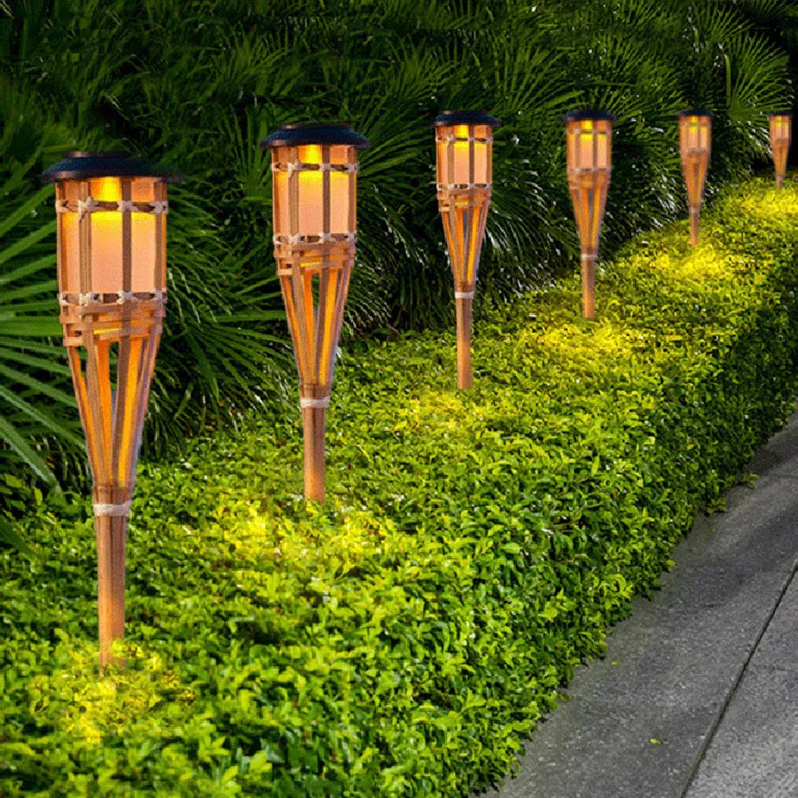 Solar Torch Light Natural Bamboo Outdoor Solar Dancing Flames Lights Waterproof Solar Flickering Flames Garden Pathway Light