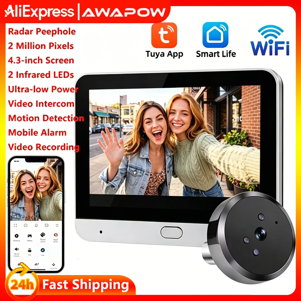 Awapow 4.3inch Radar Peephole Camera Tuya Smart Wifi Wireless Video Doorbell Visual Intercom Door Eye Viewer Motion Detection