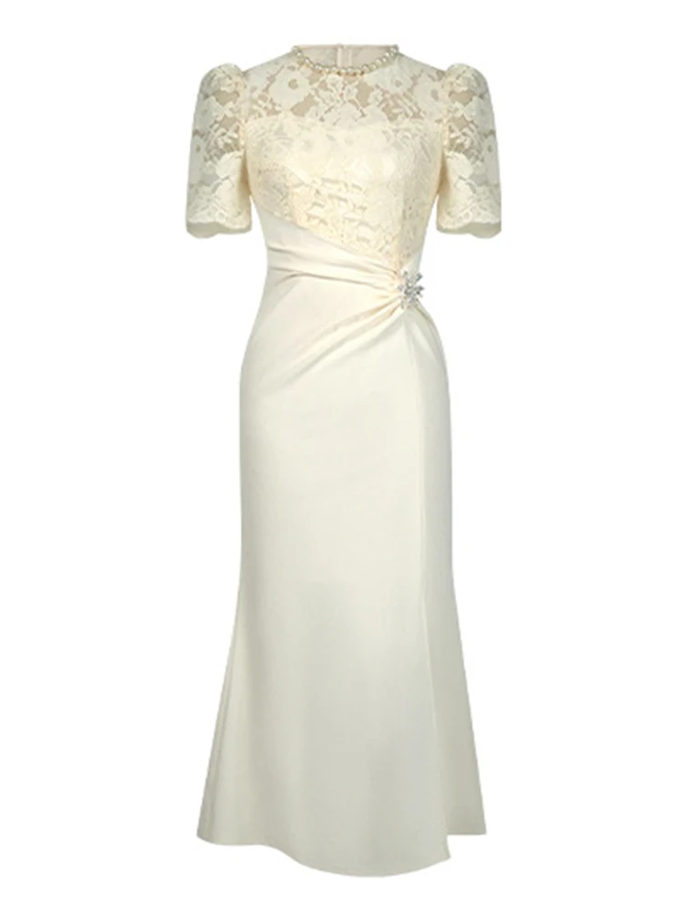 エレガントな社交家誕生日パーティードレス女性フレンチスタイルパールシアーレースひだスリットフィッシュテールローブファムイブニングウエディングドレスvestidos