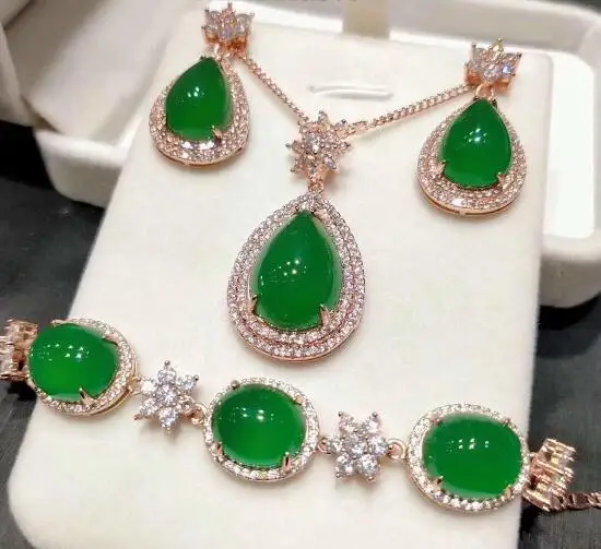 

rose gold green white chalcedony agate jade earring bracelet pendant ring set rhinestone Zircon crystal gem Jewellery