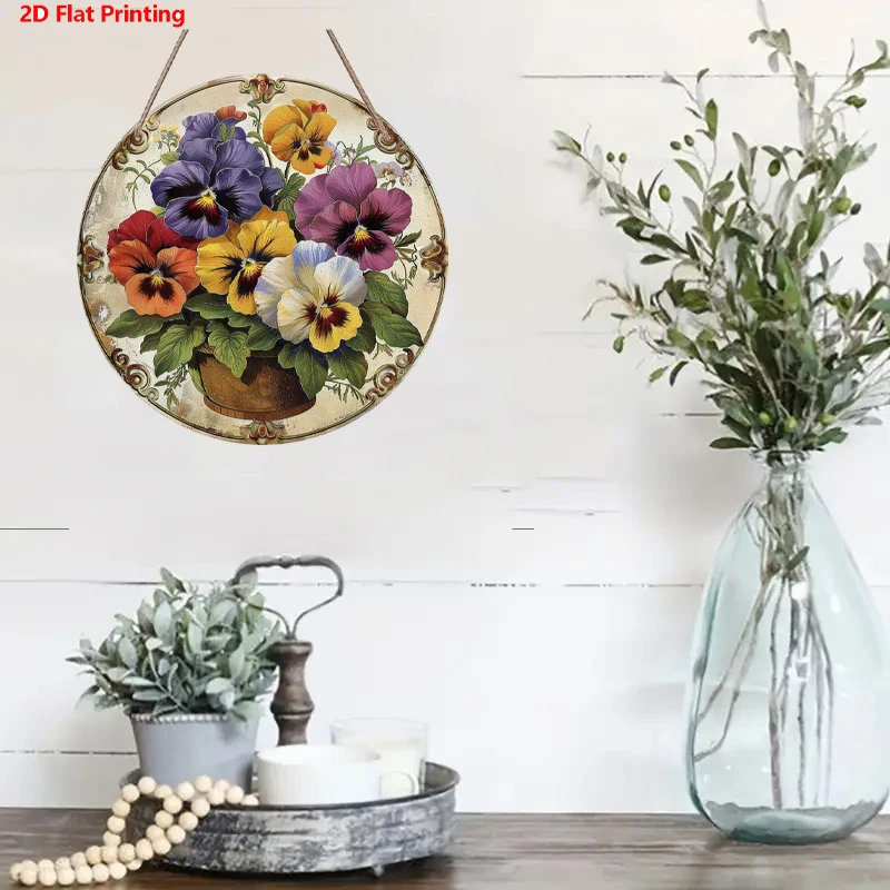 [2D Flat Printing] Vintage Flower Round Wooden Plaque Sign, Summer Indoor/Outdoor Hanging Decor For Room, Door, Wall, Yard Decor