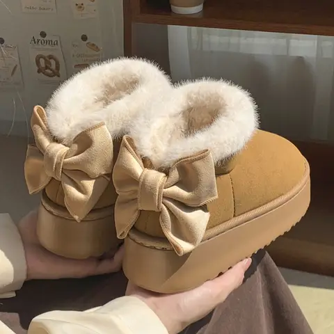 Women's Fur Collar Snow Boots Bow Decor Plush Lined Platform Sole Non-Slip Warm Winter Shoes Comfortable Indoor Outdoor 2025 New