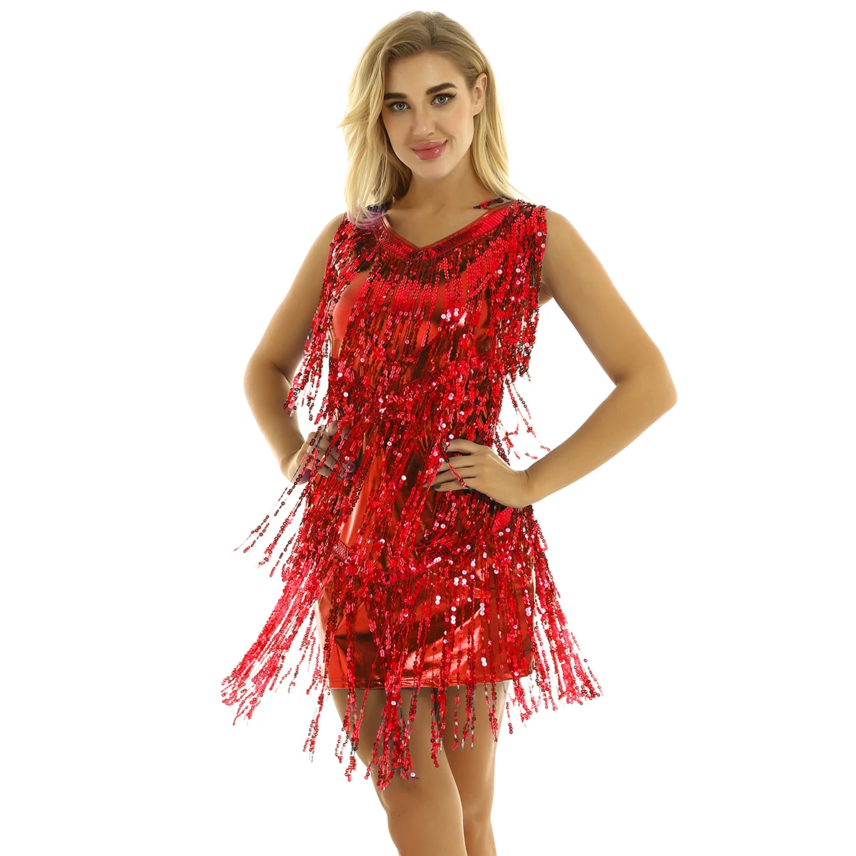 

Women Tassels Latin Dance Dress Ladies Sleeveless Sparkling Sequin Fringe Ballroom Samba Tango Performance Party Dancing Dress