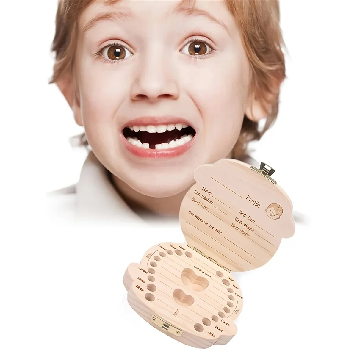 Baby Teeth Box Spanish English Wooden Lanugo Box, Kid Teeth Storage Organizer, Children Souvenirs Birthday Gifts for Boys Girls