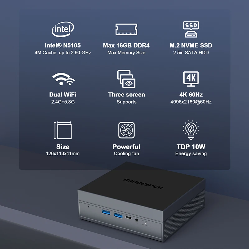 Imagem -02 - Processador Intel Mini pc 11ª Geração Celeron N5105 16gb Ddr4 So-dimm x2 512gb de Armazenamento Ssd Pcie dc Jack Hdmi Usb Minihyper-hn5