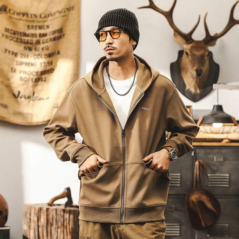 

Мужской весенне-осенний новый американский ретро-кардиган с капюшоном и вышивкой, свободная куртка большого размера с капюшоном