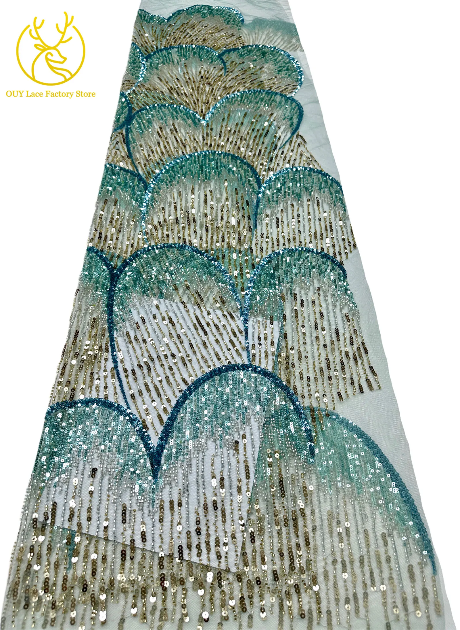 5 Yards afrikanischer Perlen-Pailletten-Spitzenstoff, hochwertiger, exquisiter nigerianischer Tüll-Mesh-Spitzenstoff zum Nähen von Hochzeitskleidern – Detail 24