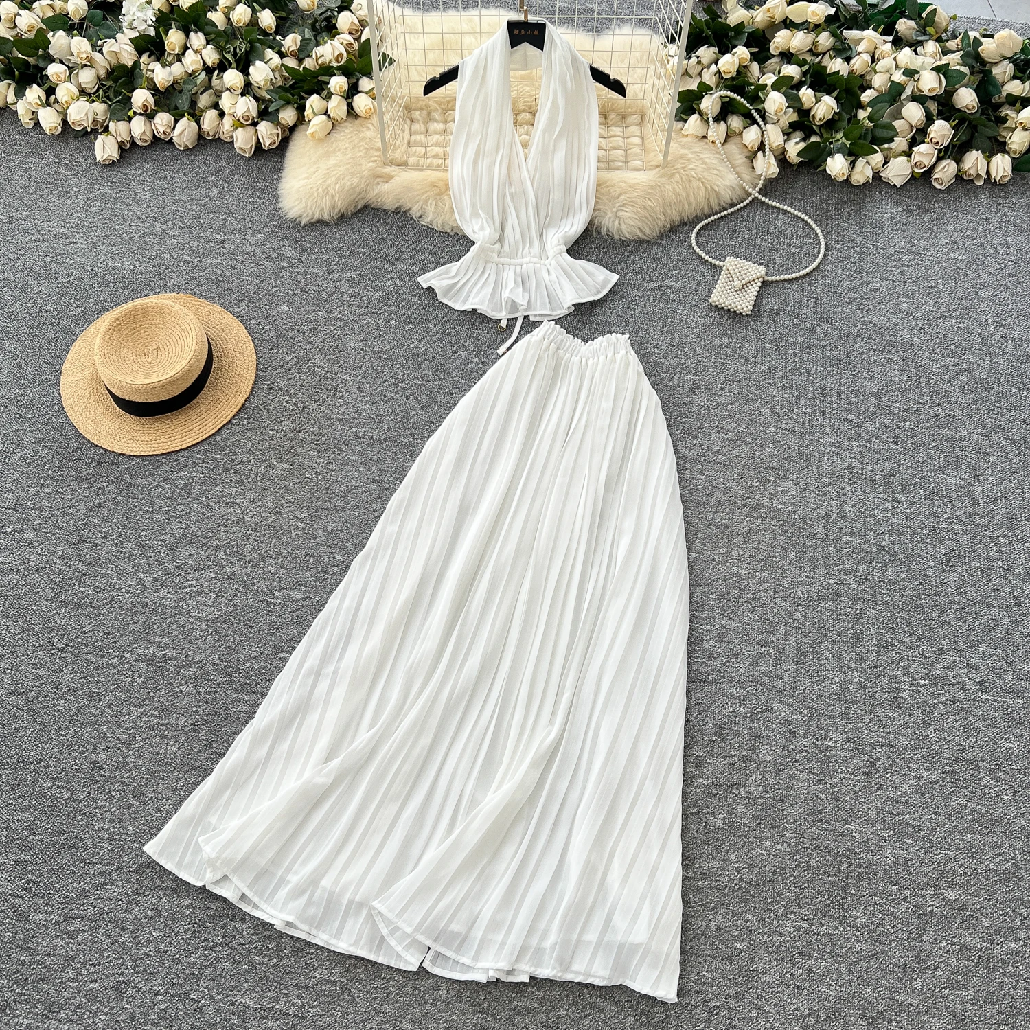 

Vintage sexy backless halter Ruched Dress Chic Summer Beach fairycore Vestidos Vacation women clothing Two Piece Set