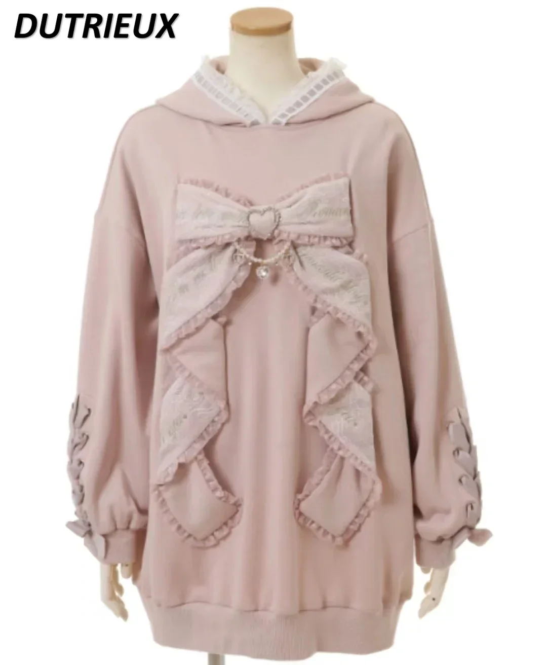 Solid Color Long Sleeve Hooded Mid-Length Pullover Japanese Style 2023 Autumn Sweet Big Bow Sweatshirt Straight Oversized Hoodie