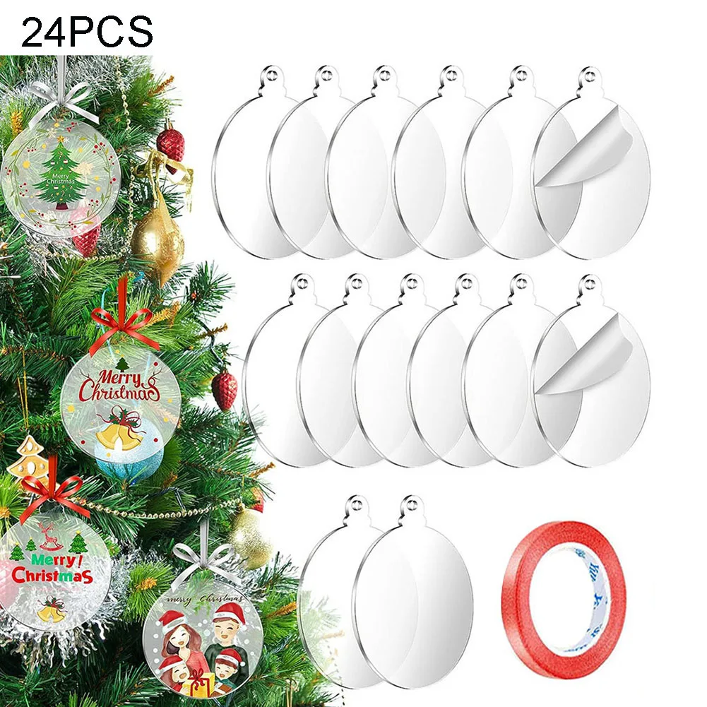 24pcs 7.5cm Xmas Acrylic Circles Discs DIY Clear Christmas Baubles Acrylic Round Baubles Craft Xmas Tree Hanging Decoration