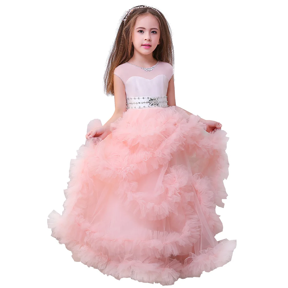 Rosa Blume Mädchen Kleider Für Hochzeiten Ballkleid Cap Sleeves Tüll Rüschen Perlen Lange Mädchen Festzug Kleid Kleine Kinder Baby