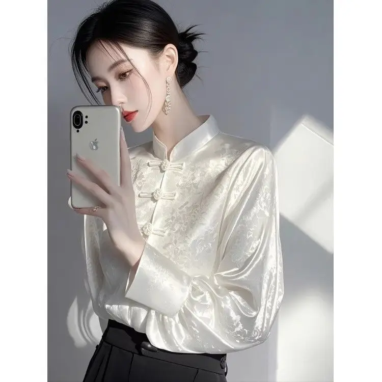 

New Chinese Style National Wind Base Shirt for Women's Early Spring Light Luxury Age-reducing Fashionable White Jacquard Shirt