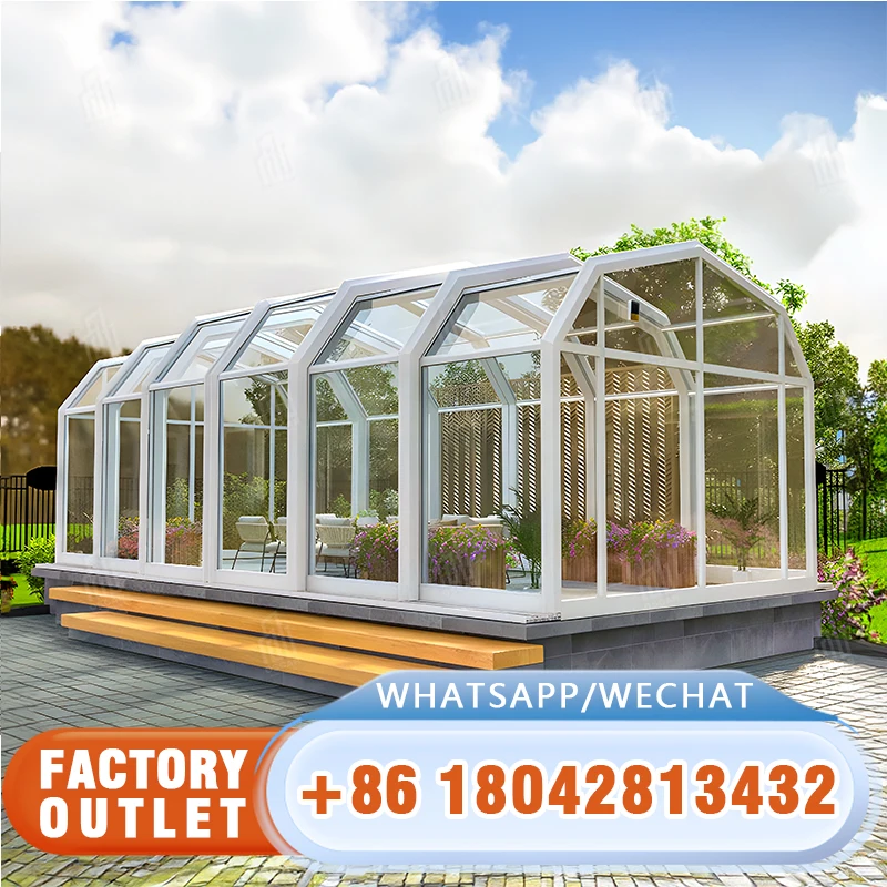 Best Selling 8Ft Gable Greenhouse Backyard Transparent Polycarbonate Glazing Double Sliding Door Aluminum Frame Sunroom