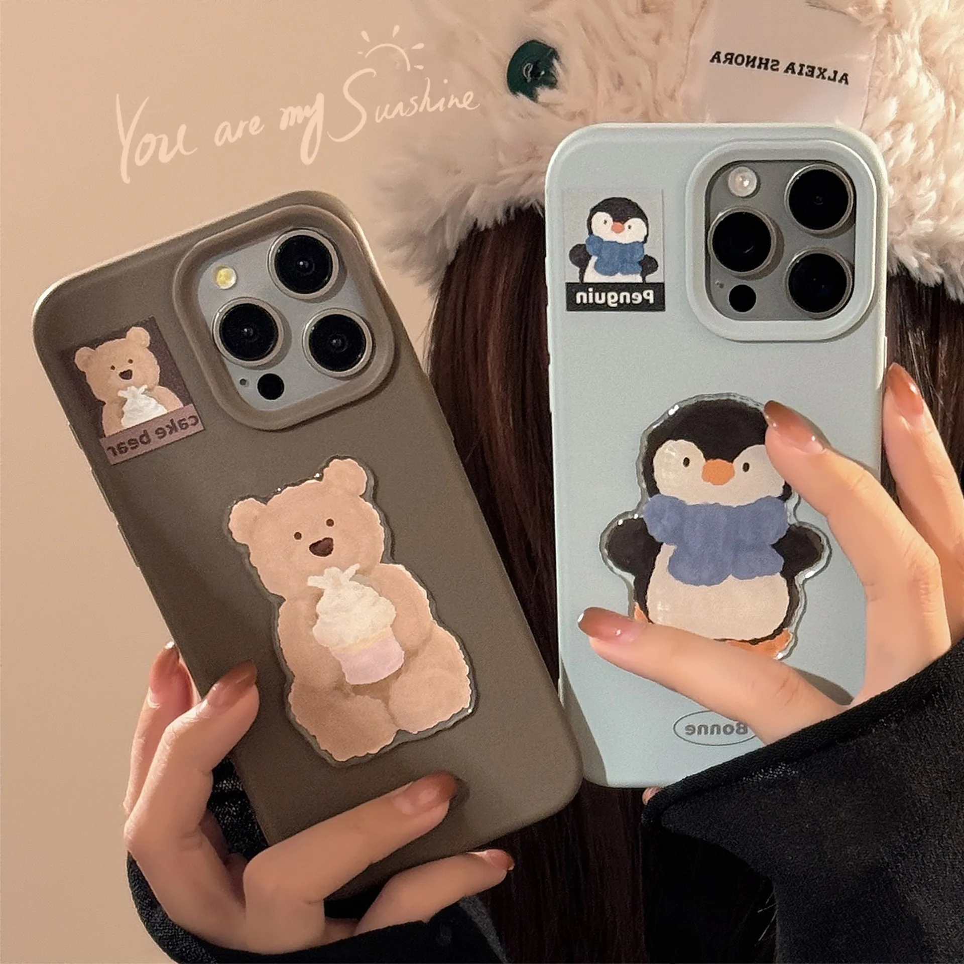 Cute penguin cartoon bear cake phone case for iphone 15 13 promax 12 16 14 pro max ins 3D relif happy animal cover