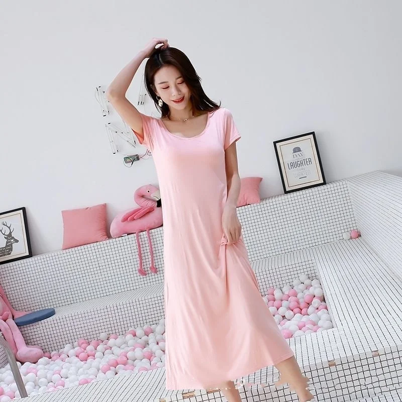 Women's Pajamas with Chest Pads Short Sleeve Robe Retro Dress with Thin Chest Pads Thin Solid Color Sleepwear With Built In Bra