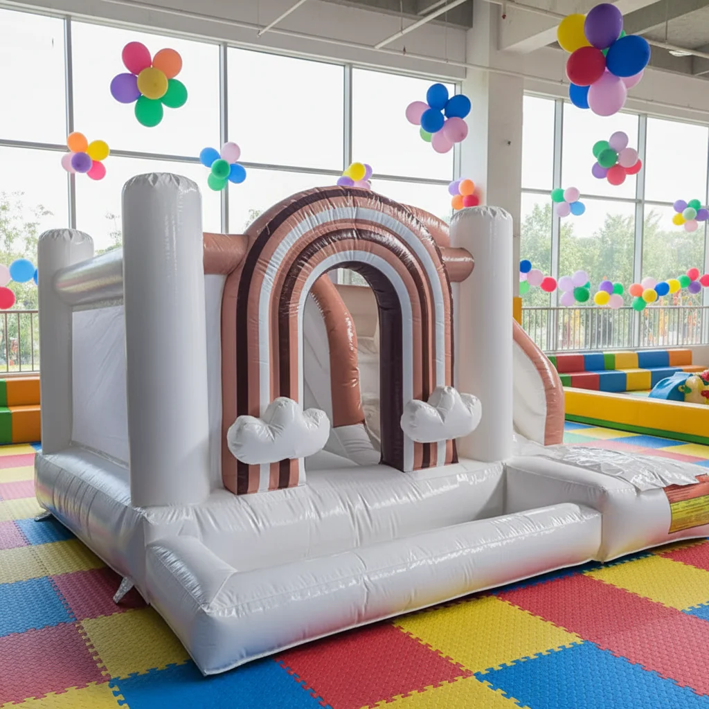 &Outdoor Rainbow Castle White PVC Inflatable Bouncer with Blower 390x380cm 5 Persons Capacity Commercial Use