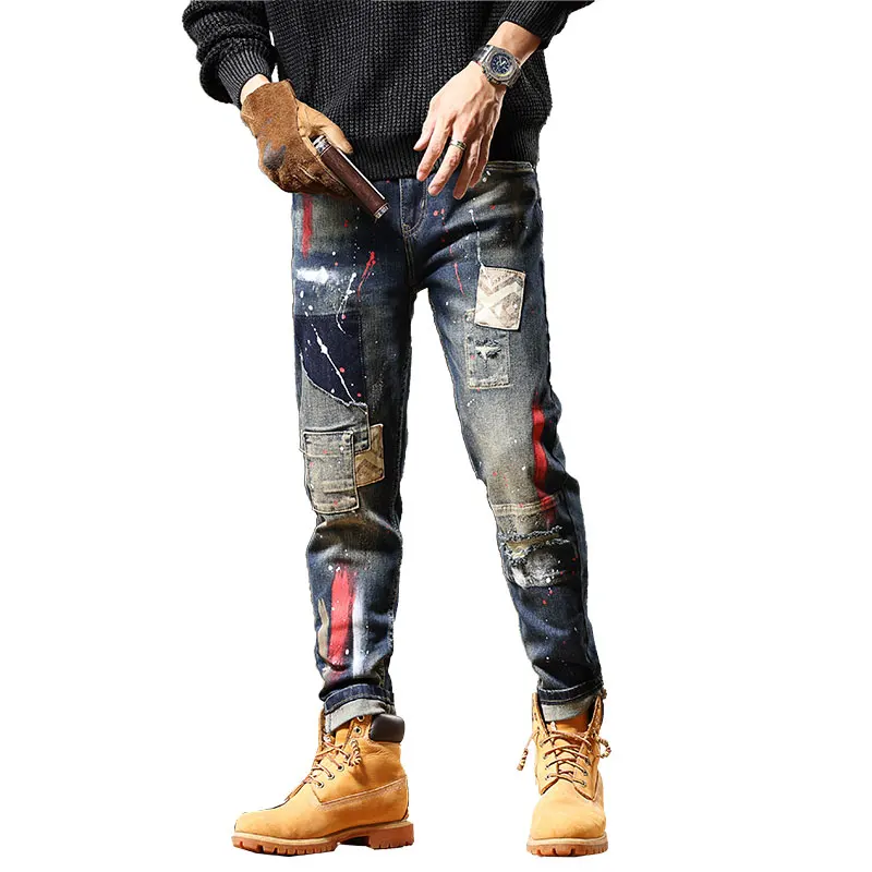 2024 New Motorcycle Men's Jeans Splash Paint Printing Design Street Style Slim Fit Patchwork Skinny Trousers