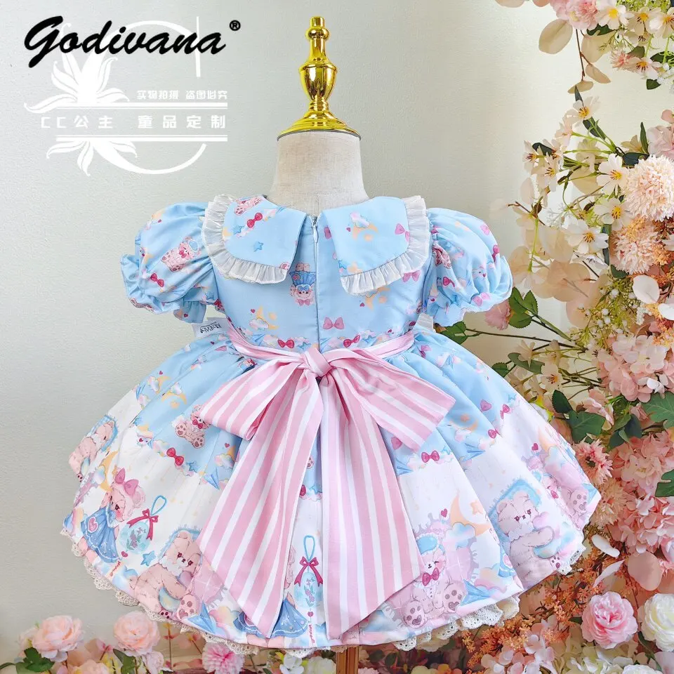 Original Cute Baby Girls Little Bear Print Lolita Princess Dress 2026 New Summer Kids Doll Collar Puff Sleeve Lace Bow Ball Gown