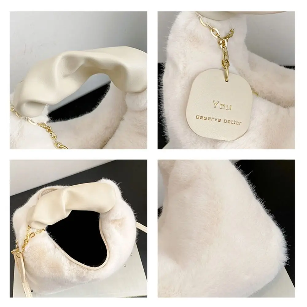 Estilo coreano Plush Nuvem Crossbody Bag, monocromático, PU Faux Rabbit Fur Bolsa, alça plissada, Design de nicho