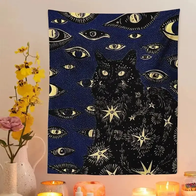 Mysterious Black Cat Art Tapestry with Red Background and Starry Pattern - Gothic Fantasy Wall Decor for Home Use