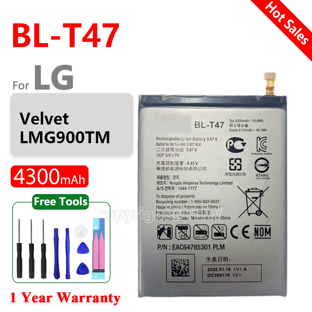 Genuine BLT47 BL-T47 Battery For LG Velvet LMG900TM BL T47 4300mAh Replacement Mobile Phone Batteria Batteries+Free Tools