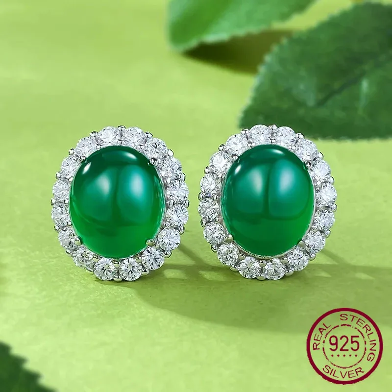 Longlong Gold Jewelry Live New 925 Silver Inlaid 10 * 12 Green Jade Marrow Earrings Rich Lady Style Luxury