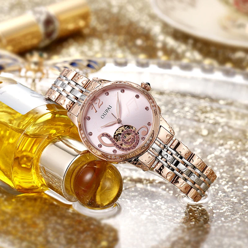 Oupai женский ремешок из нержавеющей стали с круглым циферблатом, розовое золото, светящиеся стрелки, кварцевый перемещение, модный и изысканный