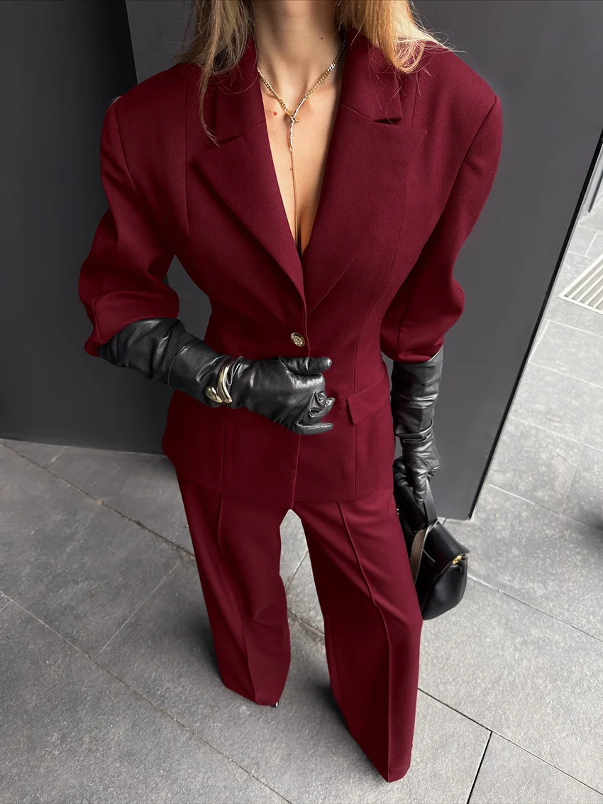 

Spring Fashion Burgundy Casual Blazer Suit Women Long Sleeves Lapel Coat+high Waist Wide-leg Pants Autumn Female Two Piece Set