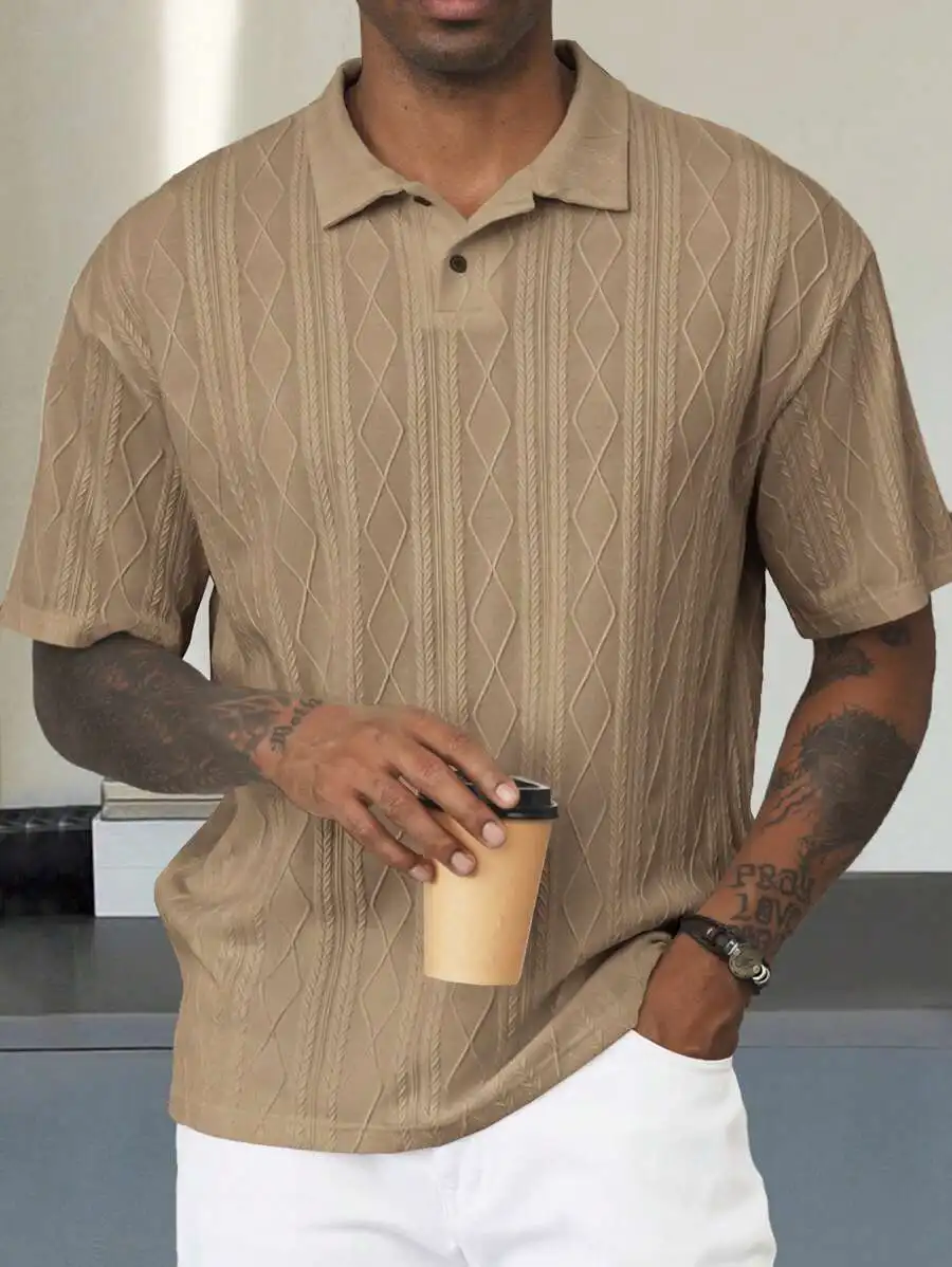 

Men's Khaki Short-Sleeve Textured Jacquard Polo Shirt with Diamond Pattern, Casual Summer Wear