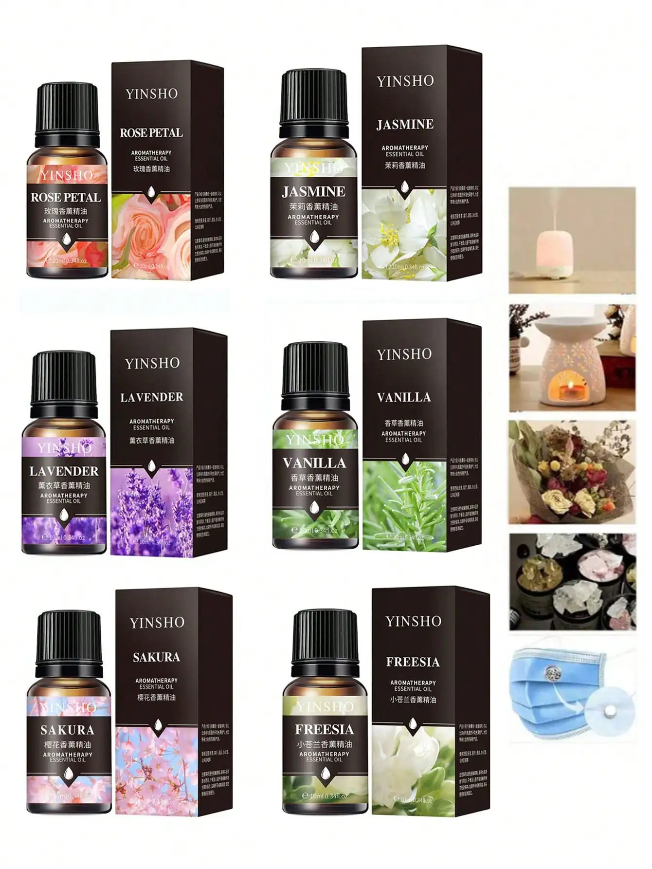 

YINSHO 10ml Aromatherapy Essential Oils Set - Rose, Lavender, Jasmine, Vanilla, Sakura, Freesia for Diffusers & Home Fragrance
