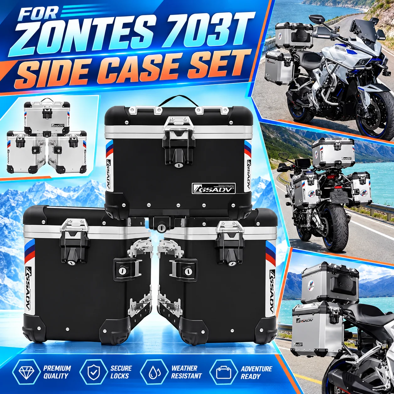 Waterproof Large Capacity Aluminum Three Luggage Boxes & Stainless Steel Body Crash Bar Fit For ZONTES 703T Motorbike Parts